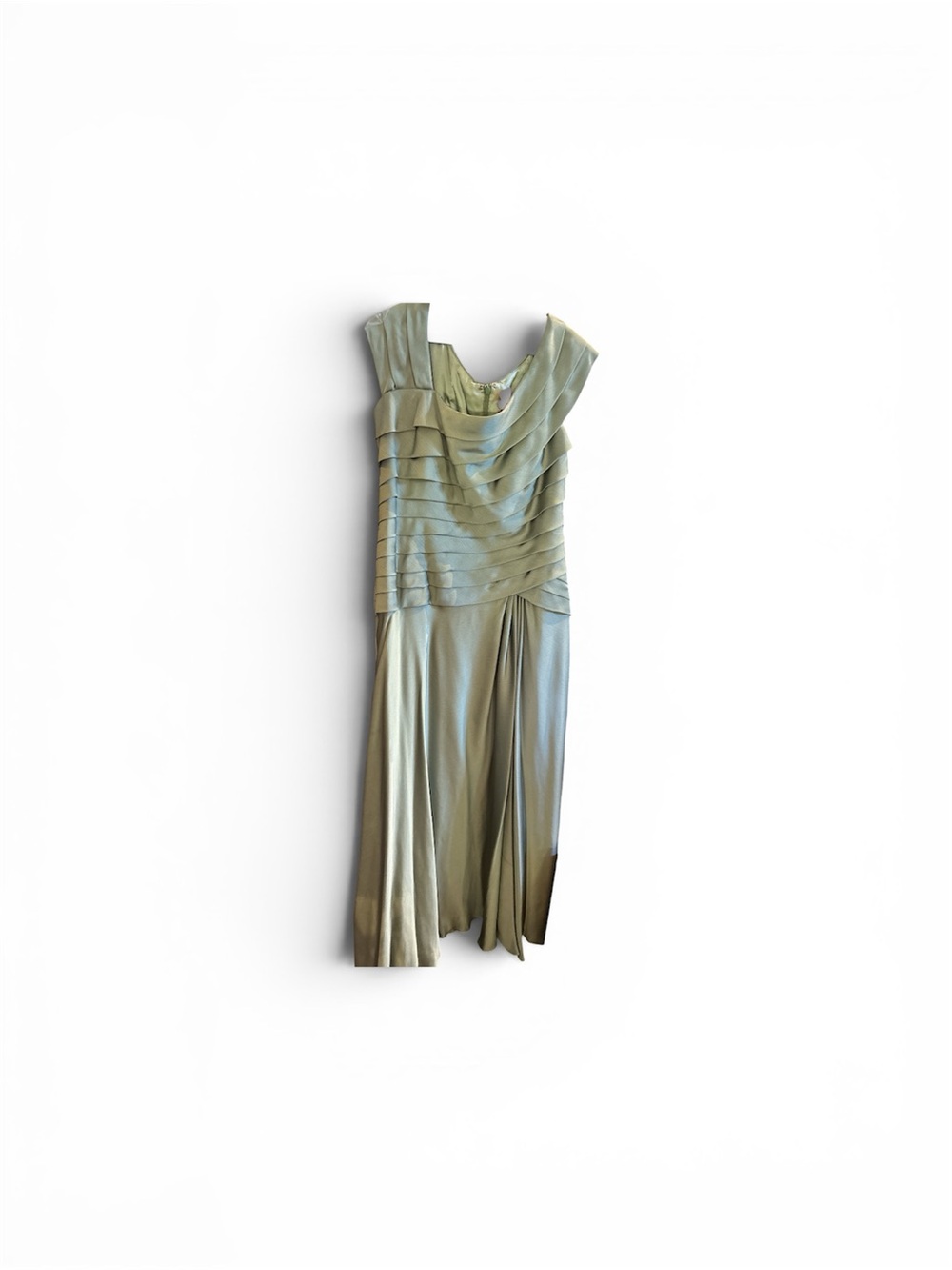 Elegant Sage Green Pleated Midi Dress with Draped Bodice